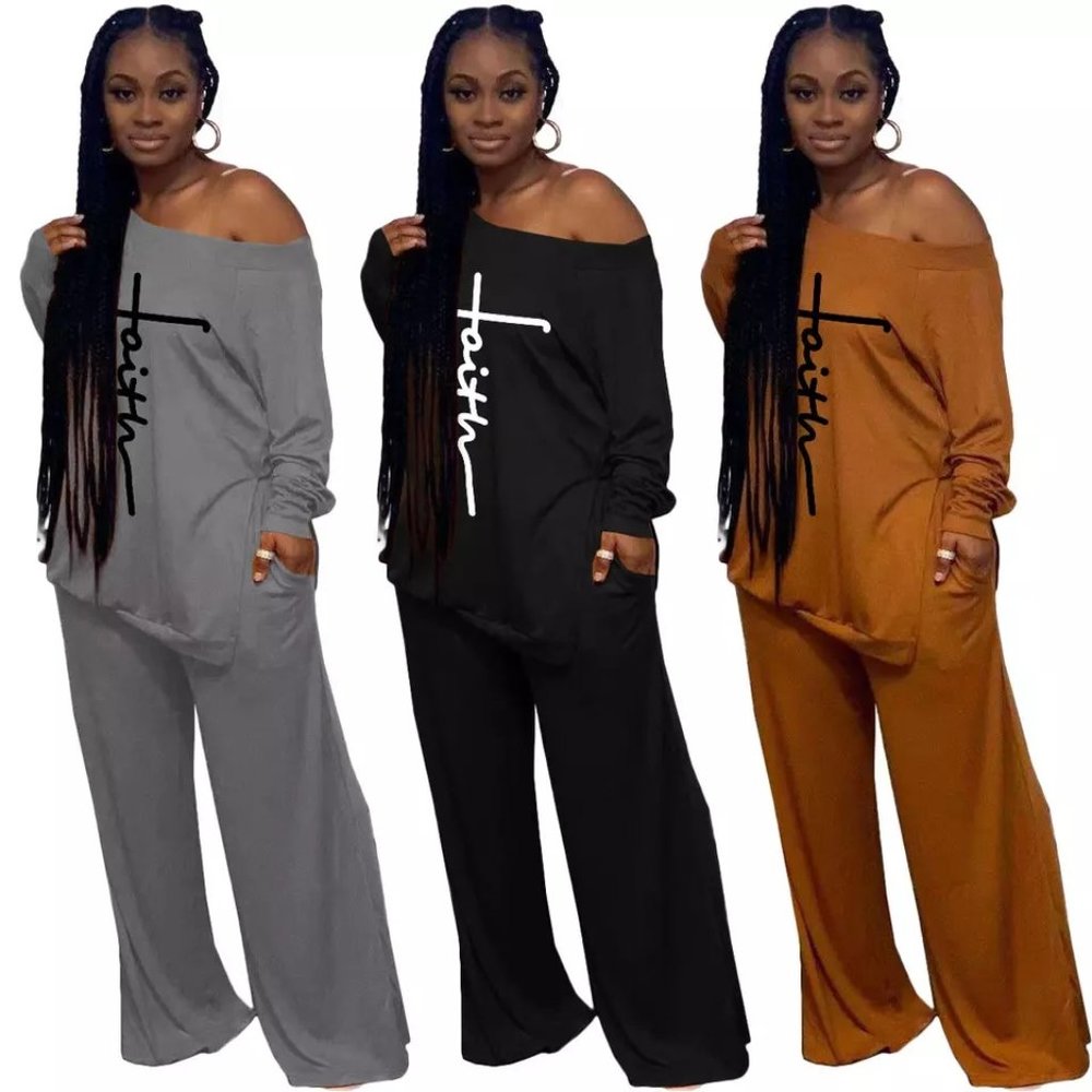 Casual Sexy Oblique Shoulder Faith 2 Piece Pants Set